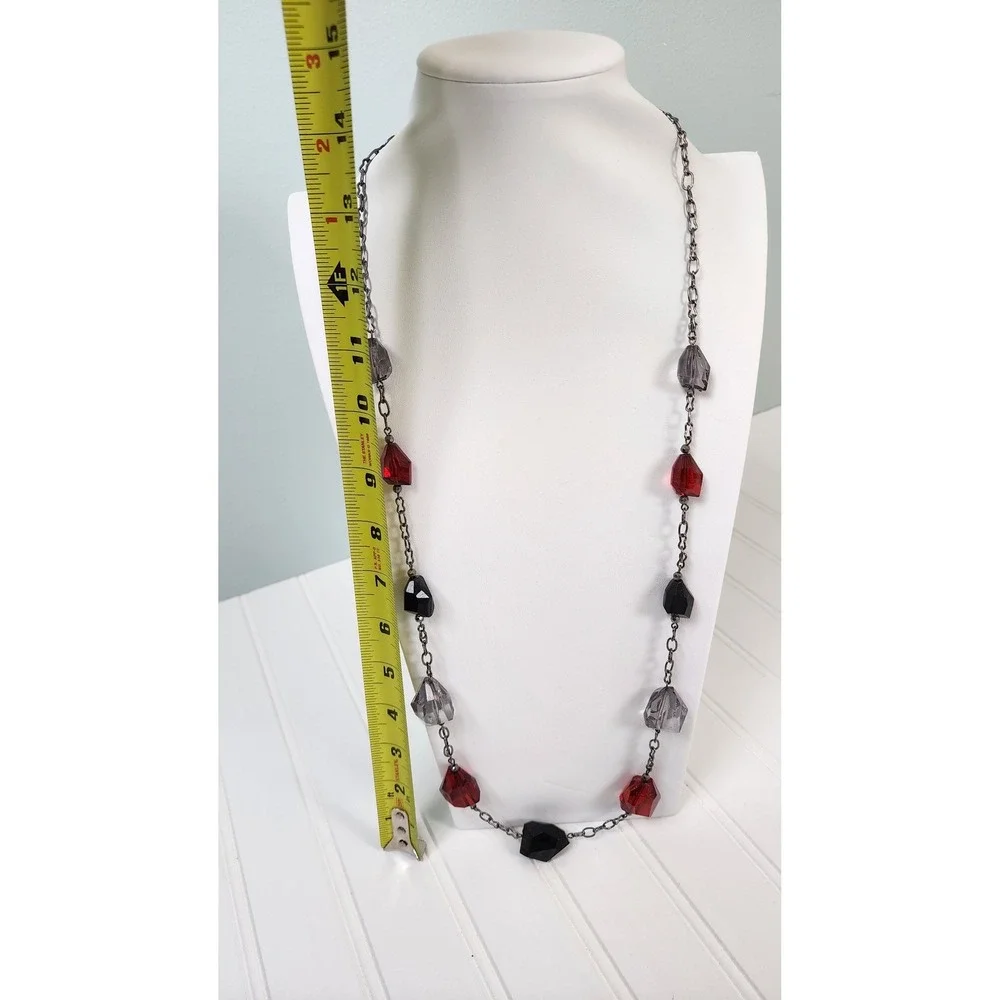 Long Beaded Necklace Red Black Gray Faceted Gemstone‎ Chain Costume Jewelry